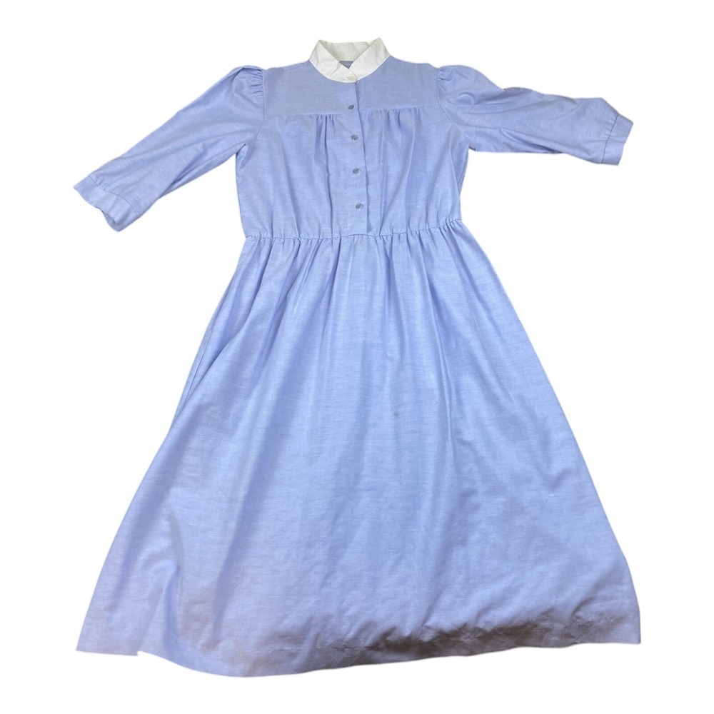 VTG 70s Prairie Dress Sz 12 Button High Collar Gathered Waist Blue Cottage Core